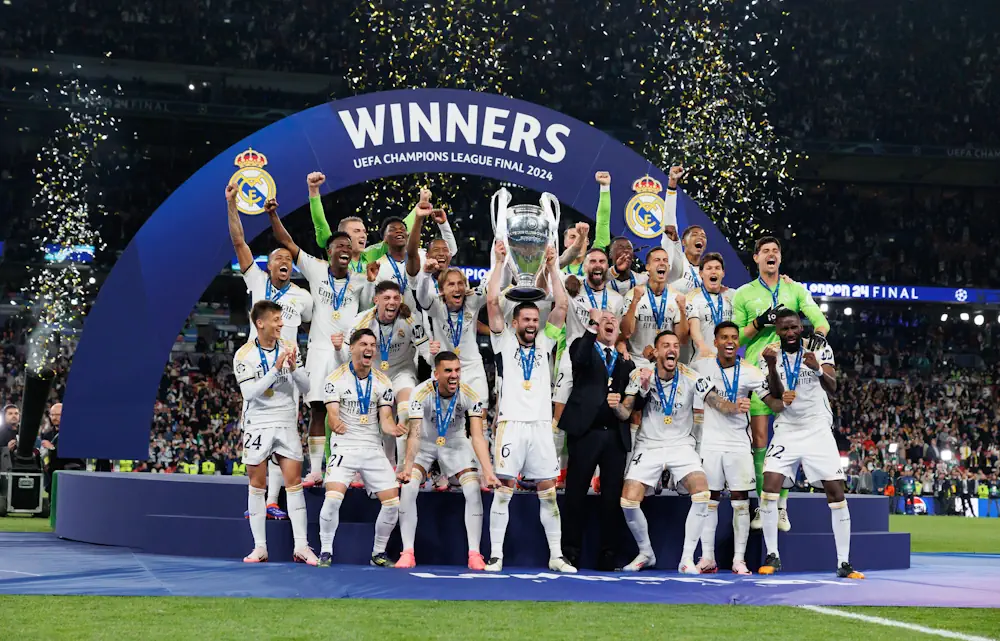 Real Madrid players celebrating their last UEFA Champions League win 2024