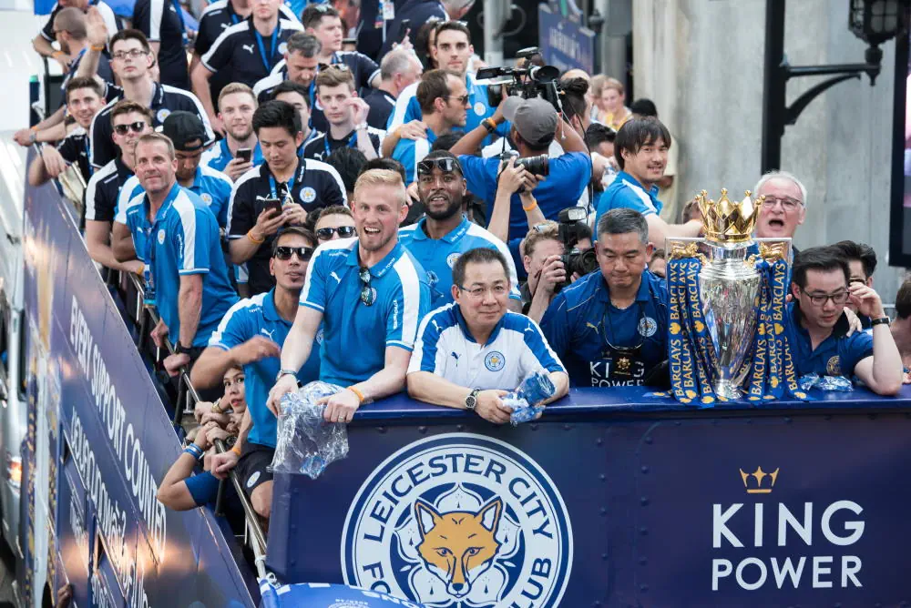 Vichai Srivaddhanaprabha - celebrating with the players after Leicester won Premier League
